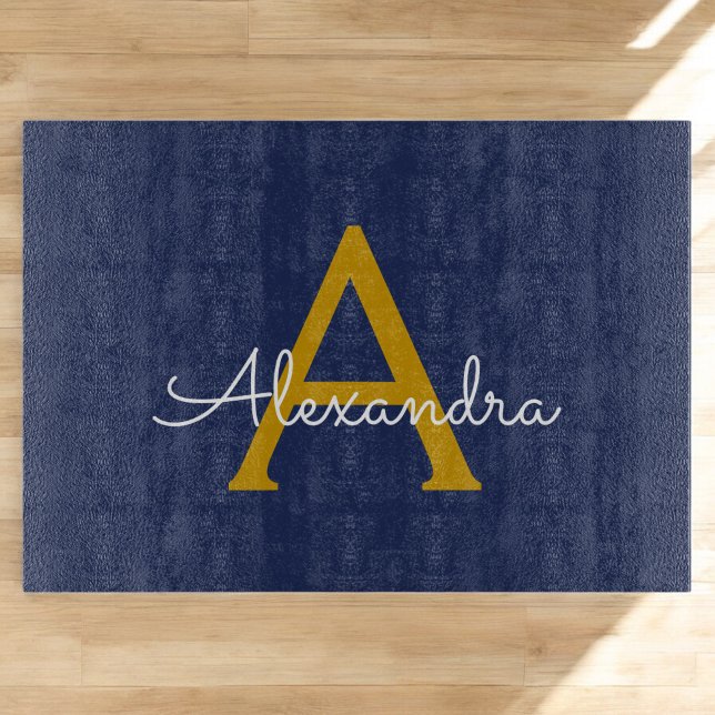 Planche À Découper Marine Blue Gold Modern Script Girl Monogramme Nom (Créateur téléchargé)