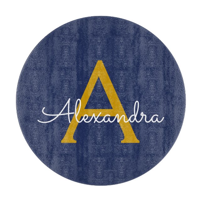 Planche À Découper Marine Blue Gold Modern Script Girl Monogramme Nom (Devant)