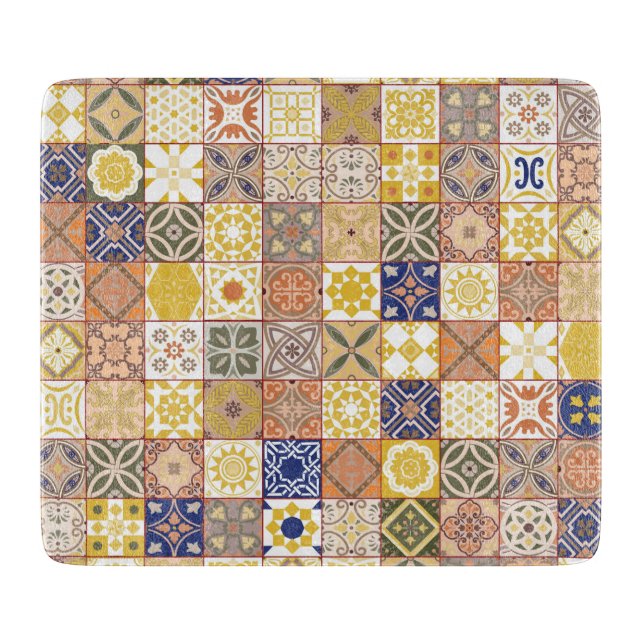 Planche À Découper Marocain carrelage jaune et bleu (Devant)