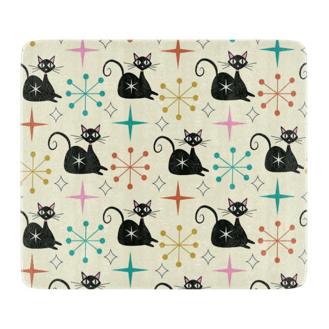 Planche À Découper Mid Century Atomic Cat with Starbursts  (Devant)