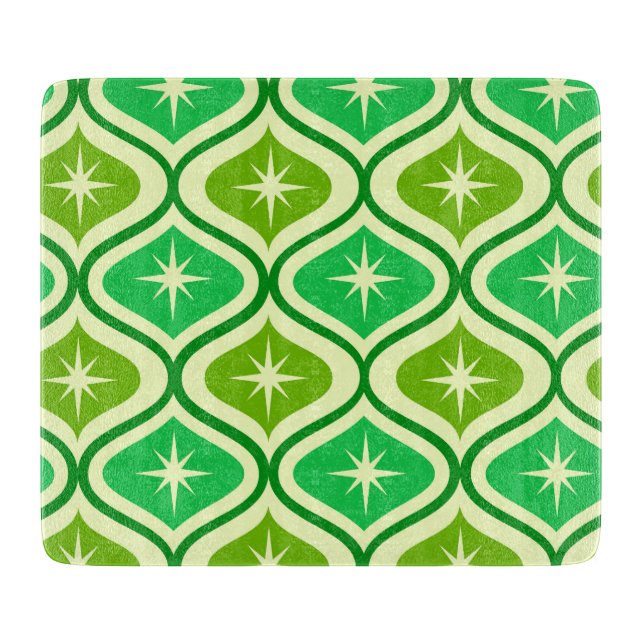 Planche À Découper Mid Century Retro Starbursts On Green Ogee Pattern (Devant)
