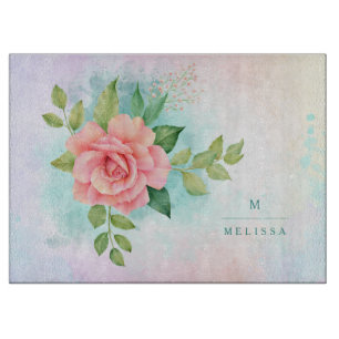 Planche À Découper Monogramme Aquarelle Turquoise Ombre Rose rose