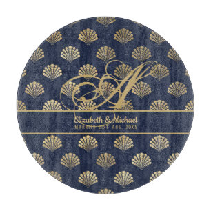 Planche À Découper Monogramme ART Déco Marine Blue Gold Shells Newlyw