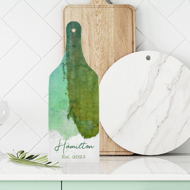 Planche À Découper Monogramme D'Aquarelle Vert Et Bleu Établi (Créateur téléchargé)