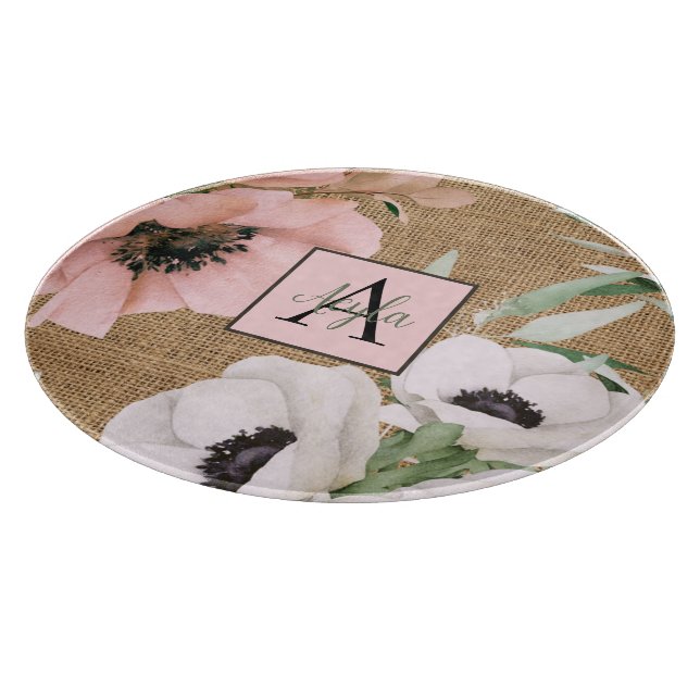 Planche À Découper Monogramme de Burlap Floral Chic Country (Coin)