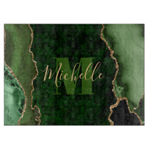 Planche À Découper Monogramme de marbre d'agate pailleté vert et or