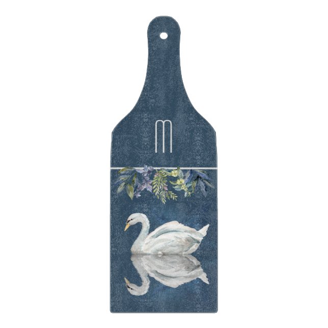 Planche À Découper Monogramme de réflexion bleu cygne blanc (Devant)