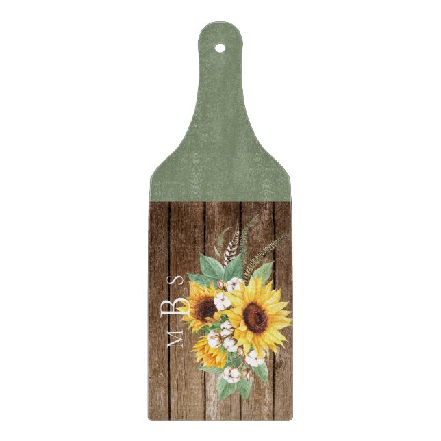 Planche À Découper Monogramme de tournesol rustique bois et vert (Devant)