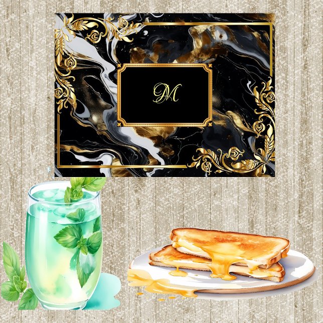 Planche À Découper Monogramme d'encre bleu foncé en marbre doré (Gold Ornate Frame Marble Dark Blue Ink Monogram Cutting Board)