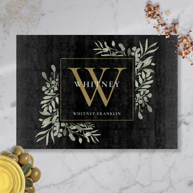 Planche À Découper Monogramme d'or noir moderne Vert moderne (Modern Black Gold Monogram Modern Greenery Cutting Board)