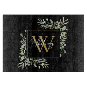 Planche À Découper Monogramme d'or noir Vert Floral