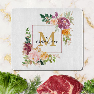 Planche À Découper Monogramme Elegant Aquarelle Rose Floral Botanique