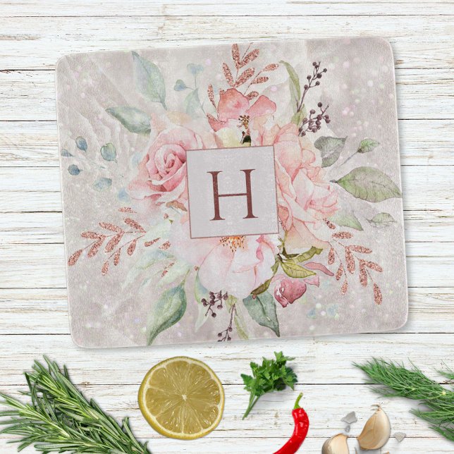 Planche À Découper Monogramme Elégant rose Peony Floral Marbre (In situ)
