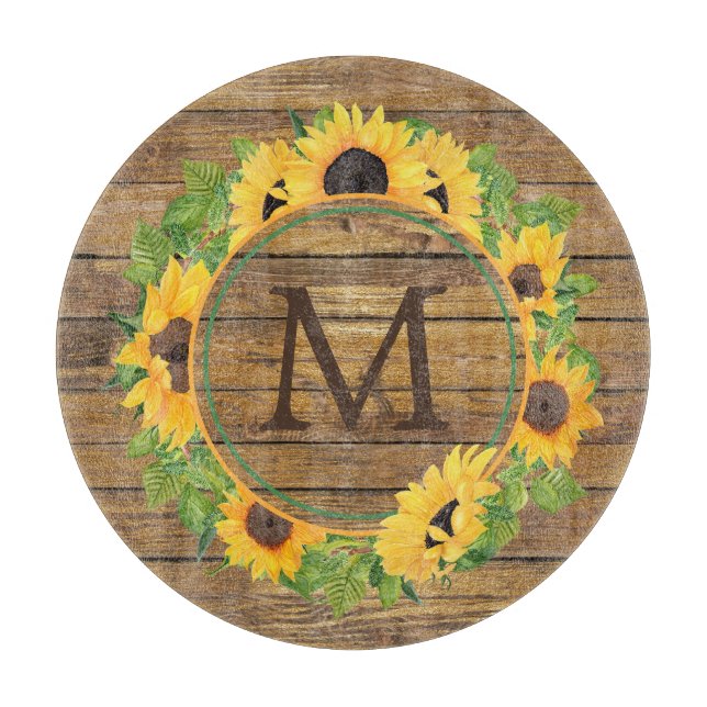 Planche À Découper Monogramme en bois de cercle de tournesol (Devant)