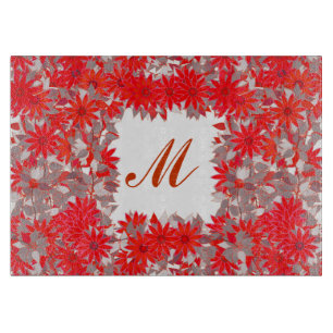 Planche À Découper Monogramme encadré de fleurs - rouge et gris