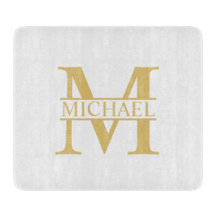 Planche À Découper Monogramme et nom personnalisé blanc et or