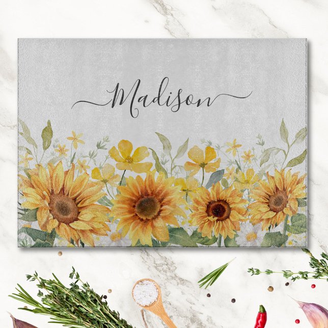 Planche À Découper Monogramme Fleur Jaune Tournesol Floral Botanique (In situ)