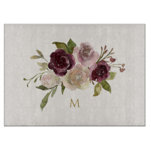 Planche À Découper Monogramme Floral Moderne en Rose Bourgogne Aquare