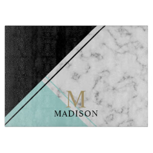 Planche À Découper monogramme moderne élégant en marbre noir turquois