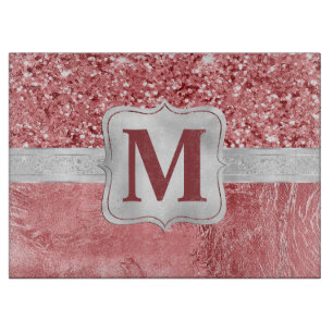 Planche À Découper Monogramme pailleté et feuille rose glamour