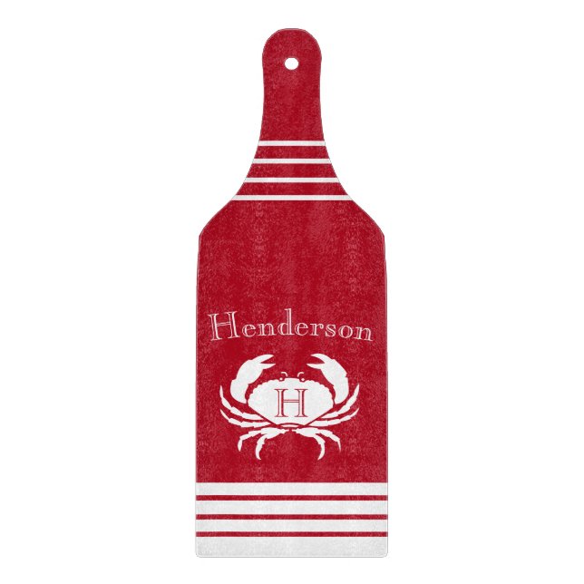 Planche À Découper Monogramme Rouge Crabe blanc Nautique (Devant)