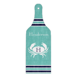 Planche À Découper Monogramme Turquoise Blanc Marine Bleu Crabe Nauti