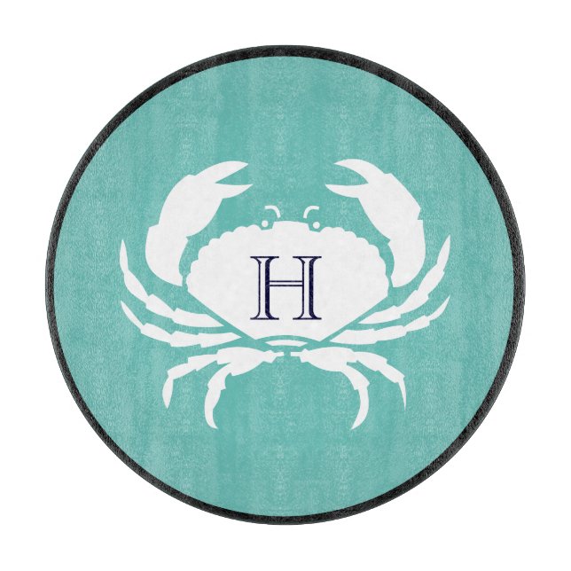 Planche À Découper Monogramme Turquoise Blanc Marine Bleu Crabe Nauti (Devant)