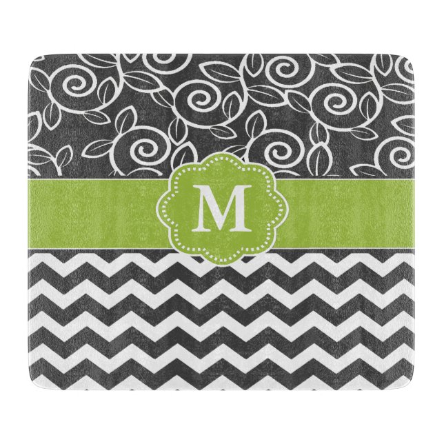 Planche À Découper Monogramme vert gris de Chevron (Devant)