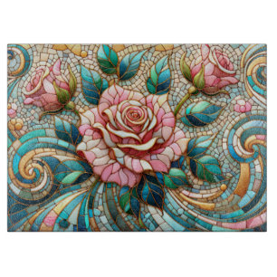 Planche À Découper Mosaïque de roses roses en verre teinté