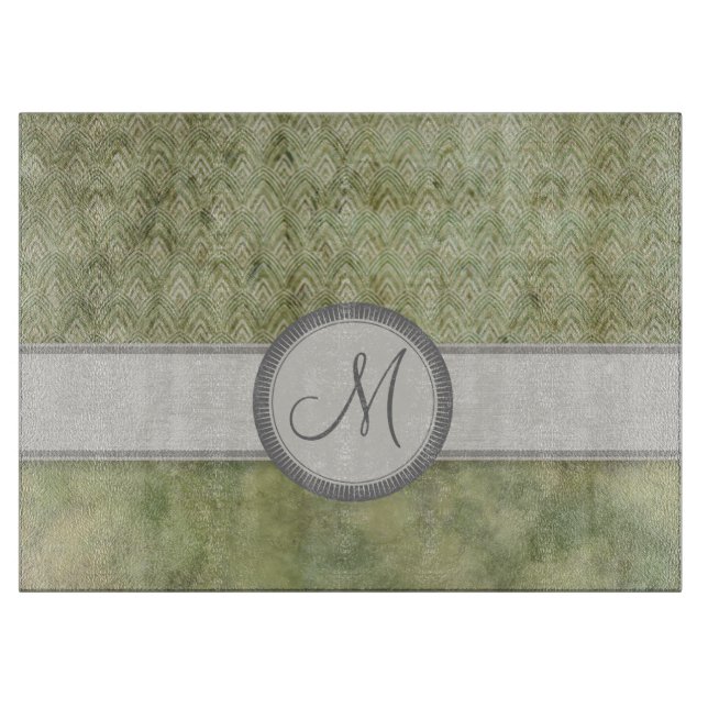 Planche À Découper Moss Motif de plume verte avec Monogramme gris (Devant)