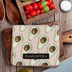 Planche À Découper Motif Avocado Rose Et Vert Moderne Avec Nom