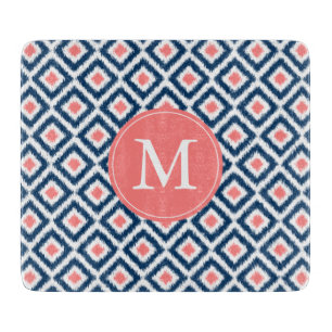 Planche À Découper Motif bleu et de corail décoré d'un monogramme d