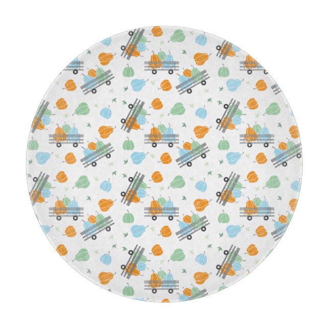 Planche À Découper Motif Citrouille de récolte Wagon Bleu Orange (Devant)