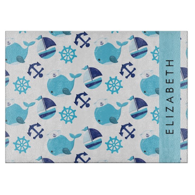 Planche À Découper Motif De Baleines, Baleines Bleues, Votre Nom (Devant)