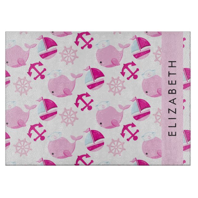 Planche À Découper Motif De Baleines, Baleines Roses, Votre Nom (Devant)