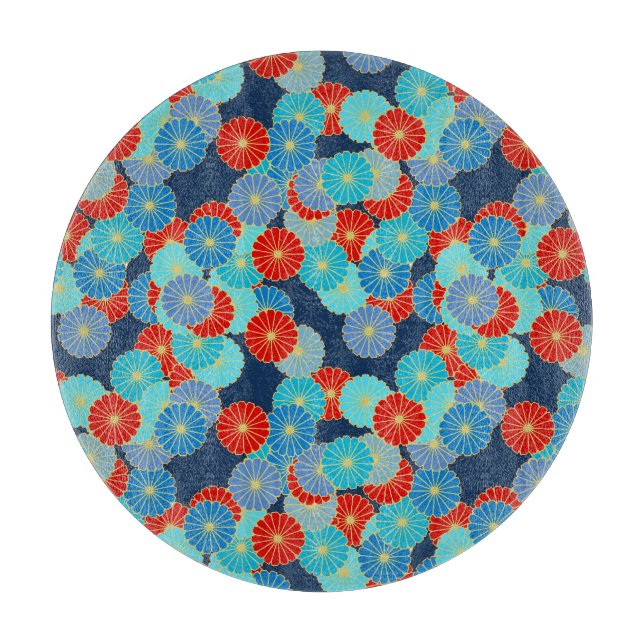 Planche À Découper Motif de fleurs Art Déco - bleu, turquoise et roug (Devant)