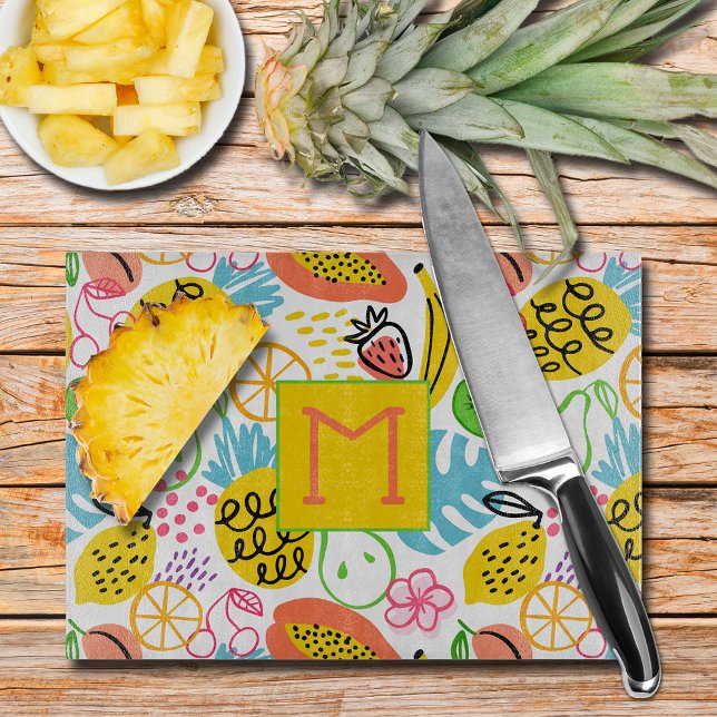 Planche À Découper Motif de fruits d'été monogramme (Hand Painted Summer Fruit Pattern Monogrammed Glass Cutting Board)