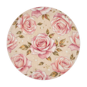 Planche À Découper Motif de roses roses et de feuilles dorées