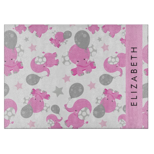 Planche À Découper Motif Des Eléphants Roses, Étoiles, Votre Nom (Devant)