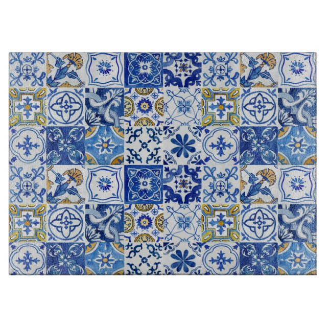 Planche À Découper Motif d'été bleu, blanc et jaune méditerranéen (Devant)