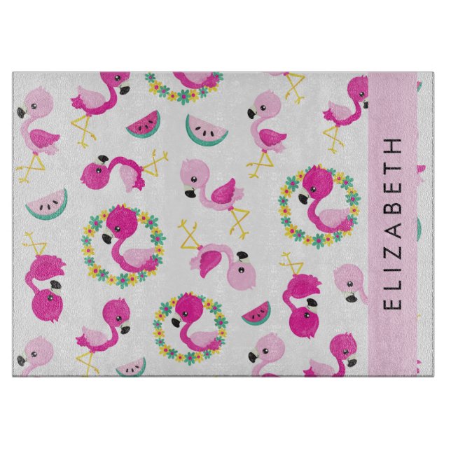 Planche À Découper Motif tropical, Flamants roses, Fleurs, Votre Nom (Devant)