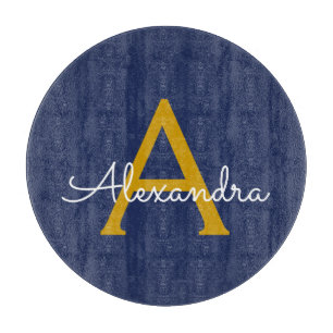 Planche À Découper Navy Blue Gold Modern Script Girl Nom du monogramm