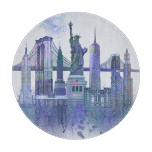 Planche À Découper New York Skyline - Aquarelle bleue