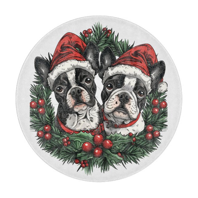 Planche À Découper Noël Boston Terrier Chiens de vacances Wreath (Devant)