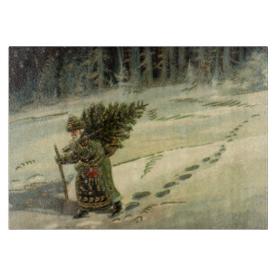 Planche À Découper Noël vintage, le Père Noël porte un arbre