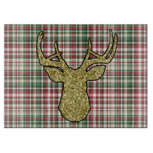 Planche À Découper Noel XMAS Plaid Tartan Gold Deer Buck Glass