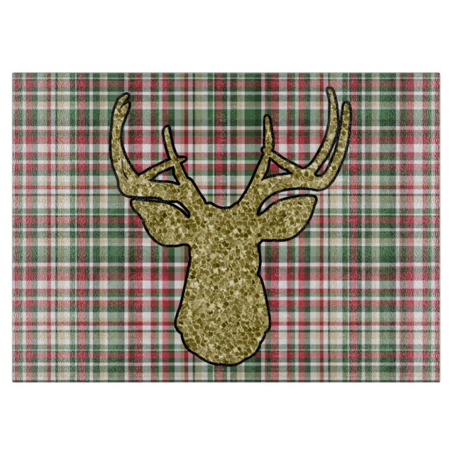 Planche À Découper Noel XMAS Plaid Tartan Gold Deer Buck Glass (Devant)