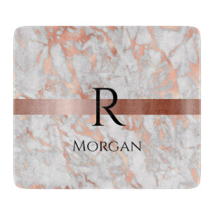 Planche À Découper Noir Nom & Monogramme, Blanc & Rose Marbre Or