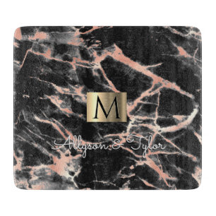 Planche À Découper Noir & Rose Gold Marble Boîte, Nom & Monogramme