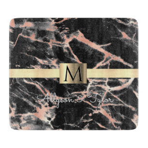 Planche À Découper Noir & Rose Gold Marble Gold Nom de bande et monog